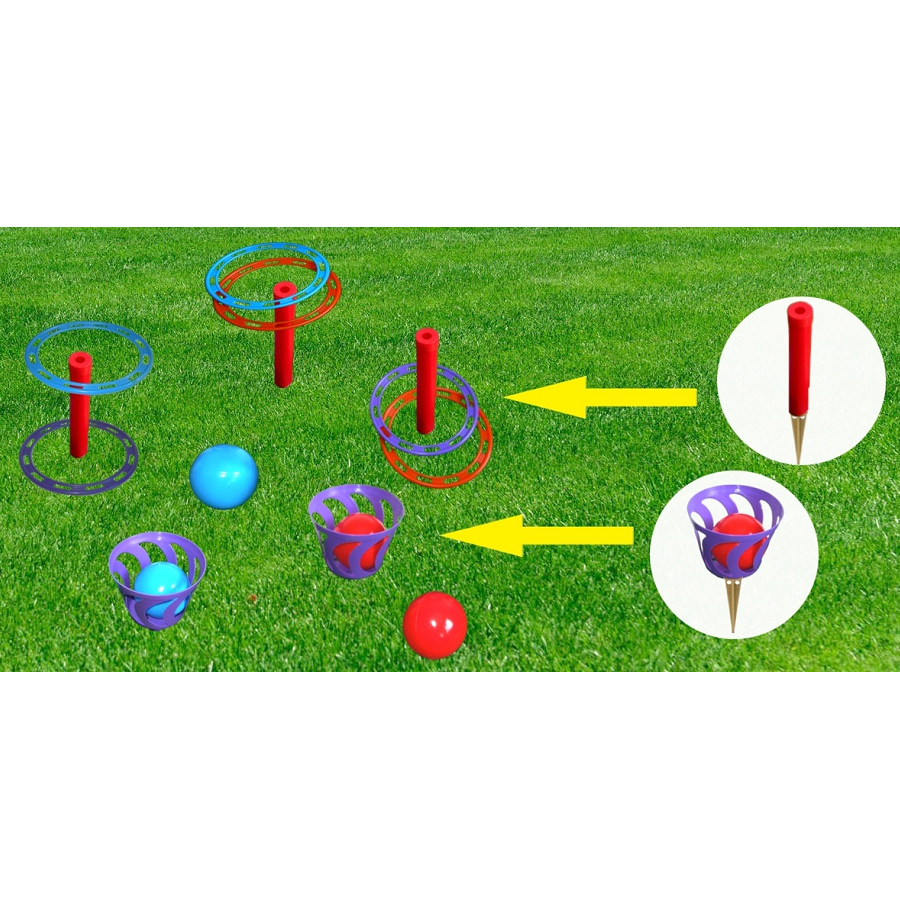 Кольцеброс - шароброс 2 в 1 (дом/улица). 3 стойки + 6 колец, 2 корзинки + 4 мяча, клин - 5 шт.