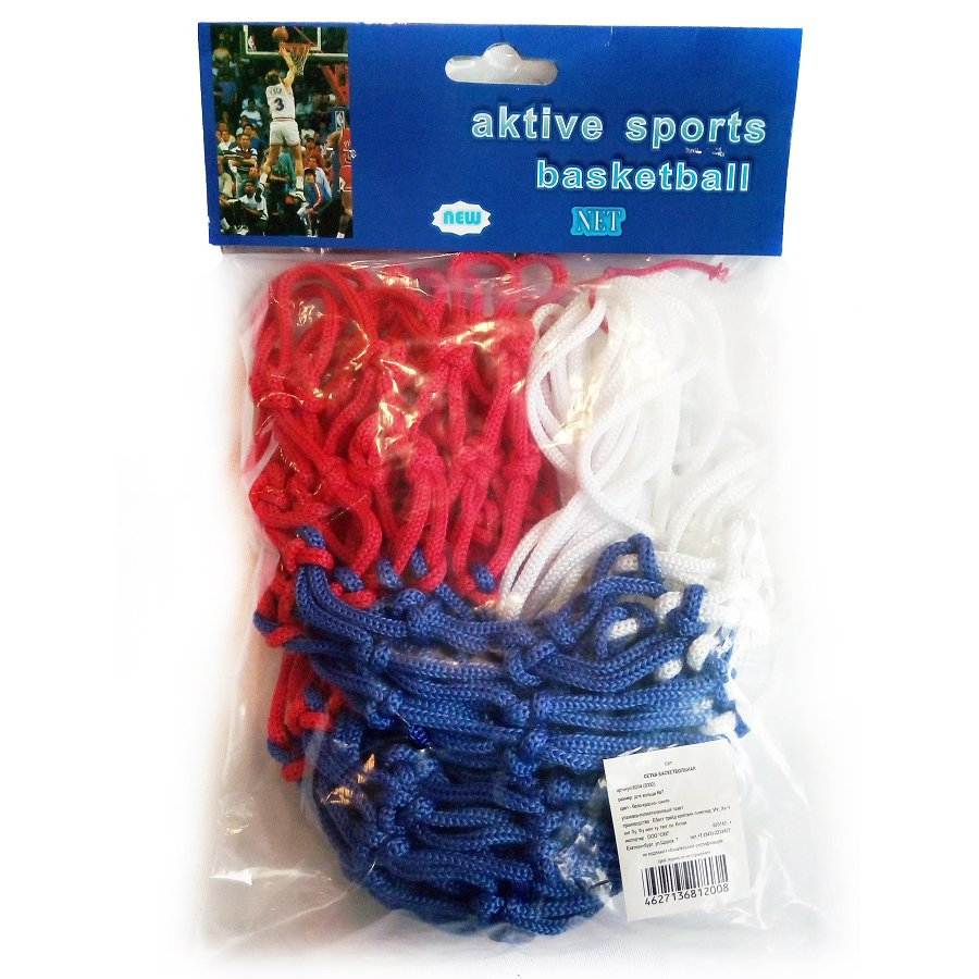 Сетка баскетбольная триколор бело-красно-синяя, нить 4 мм., из полиэстера, L-50см